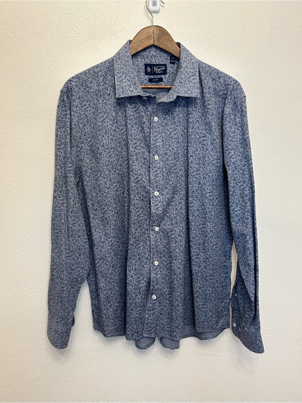 Original Penguin Slim Fit Blue Floral Long Sleeve Button-Up Shirt Size 17 34/35